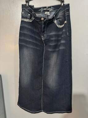 Nofuze Jeans Dark Wash Denim Maxi Skirt with Contrast Stitching 18